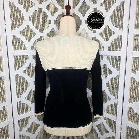 Talbots Petites Black and Cream 3/4 Sleeve Ribbed Pull Over Sweater Size Small - Picture 6 of 9